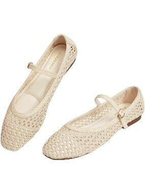 Women's Cream Rubber Woven Flats Square Toe Adjustable Strap Comfortable Shoes